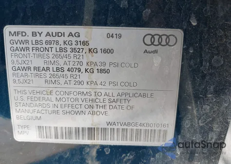 2019 Audi E-Tron Premium Plus from USA, damaged, VIN WA1VABGE4KB010161